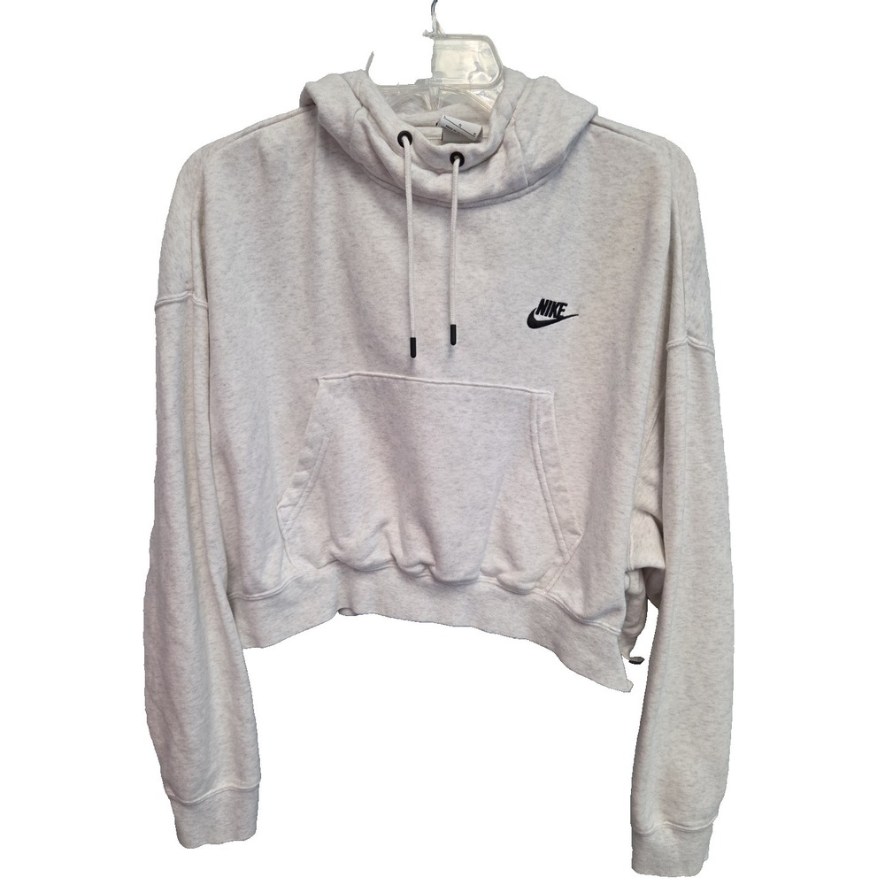 Nike Women's Cropped Gray Hoodie L Drawstring Pocket Embroidered Logo Zip Side